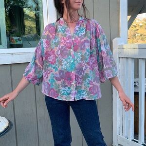 Vintage flower print lilac semi sheer cotton balloon sleeve shirt